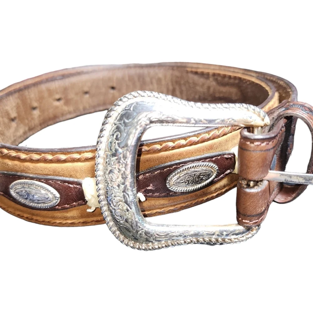 DDD 3-D Belt Southwestern Silver Tone Buckle & Concho Brown Leather Belt Size 36